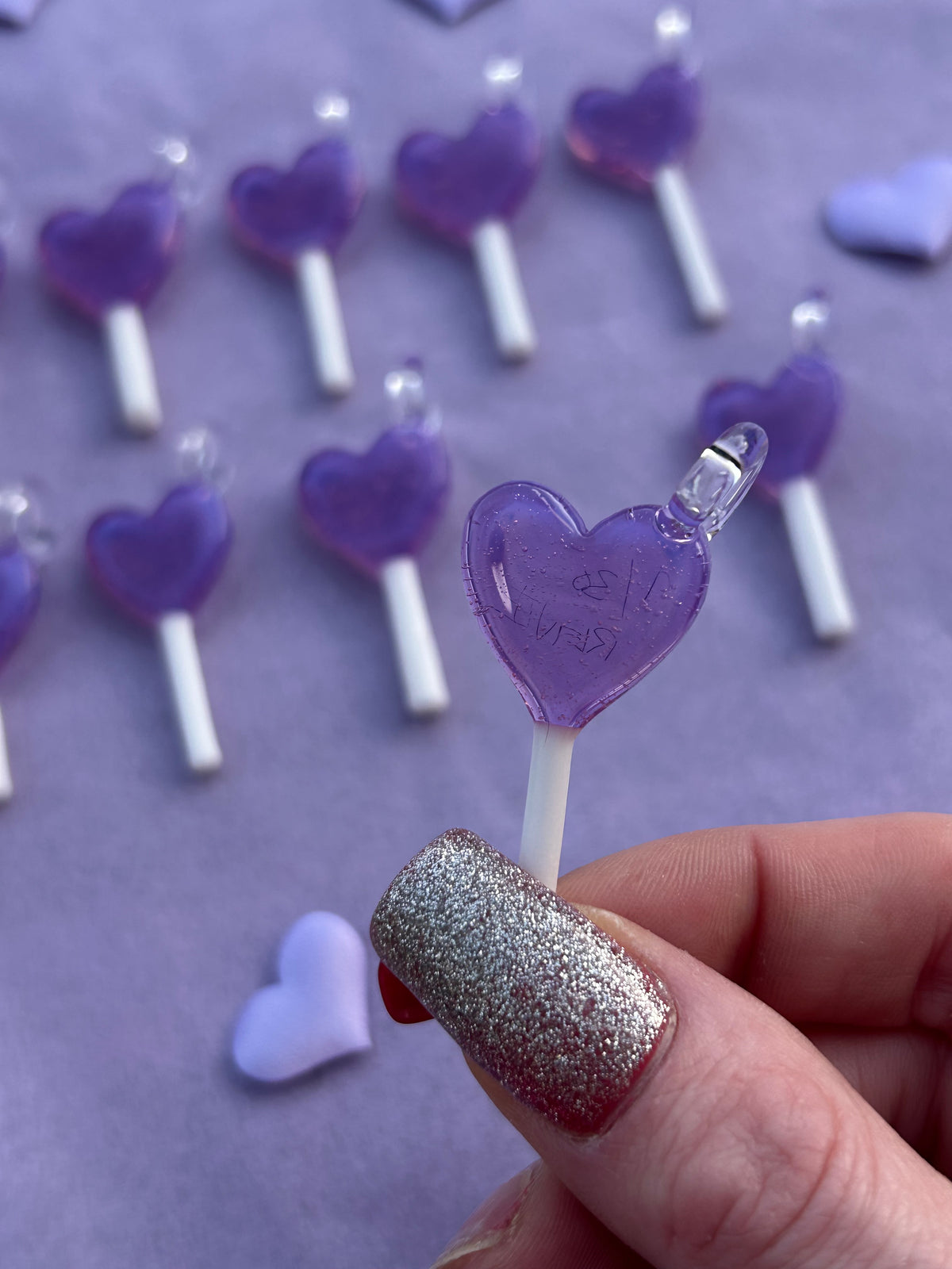 Glass Purple Heart Lollipop Pendant