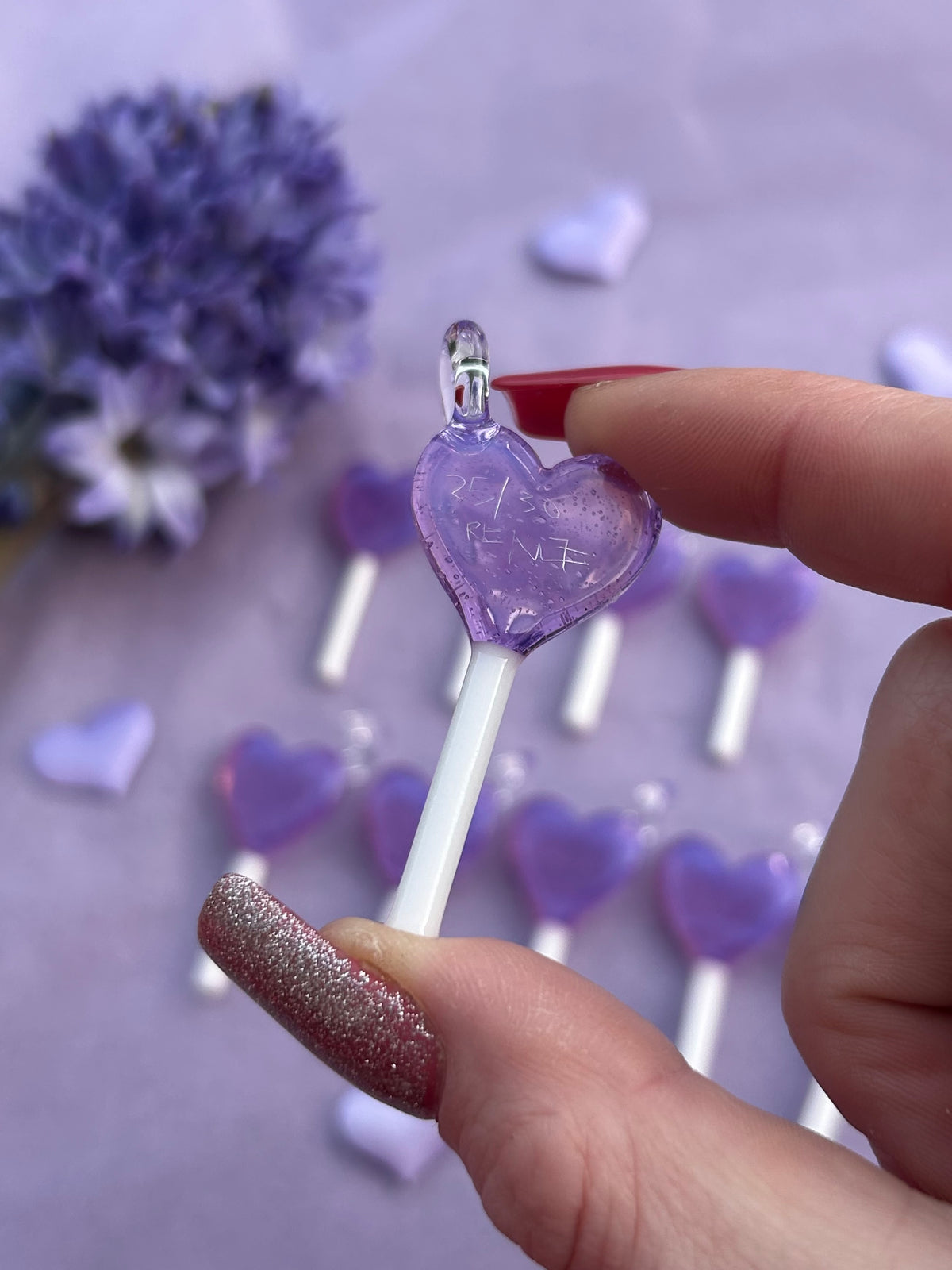 Glass Purple Heart Lollipop Pendant