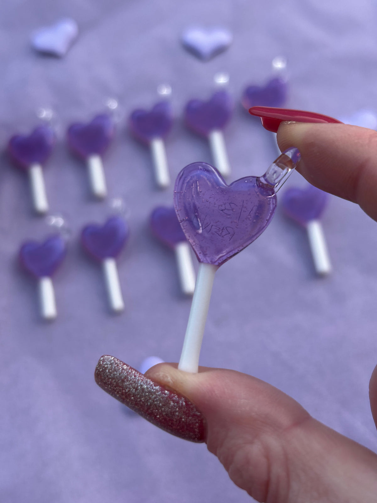 Glass Purple Heart Lollipop Pendant